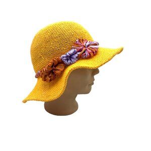 Inverni Hat Yellow Raffia Flower Trim Sun Beach Garden Party Floppy Italy
